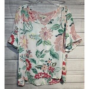 Loft Multicolor Floral Flutter V-Neck Short Sleeve Blouse  Women's SZ LARGE